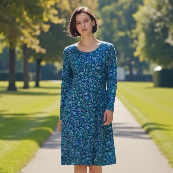 Lands' End Dresses & Skirts - Lands End Floral Scoop Neck Long Sleeve A-Line Dress Size Medium